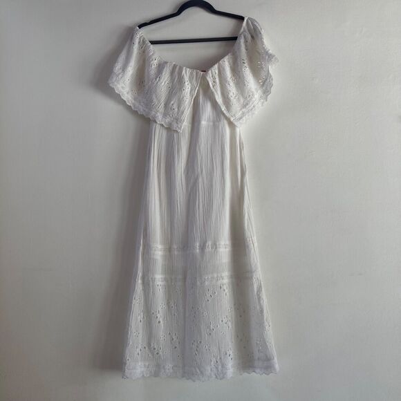 Free People Romantic off the shoulder Embroidered Cotton Midi Dress Ivory Sz XS - Picture 7 of 7